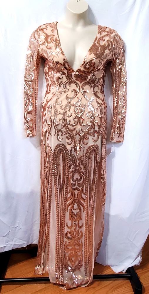 Gold Sequin Evening Gown Maxi Dress